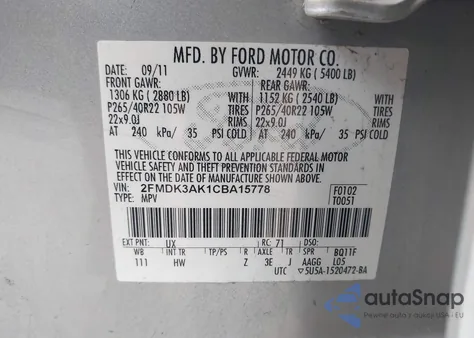 2012 Ford Edge Sport из США, поврежденный, VIN 2FMDK3AK1CBA15778